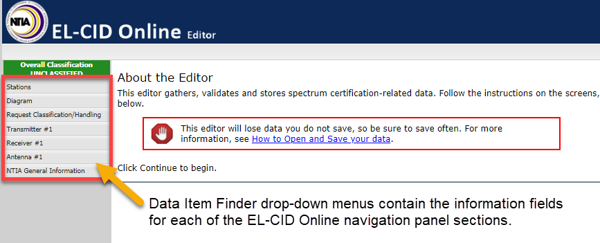 Data Item Finder drop-down menus contain the information fields for each of the EL-CID Online navigation panel sections.